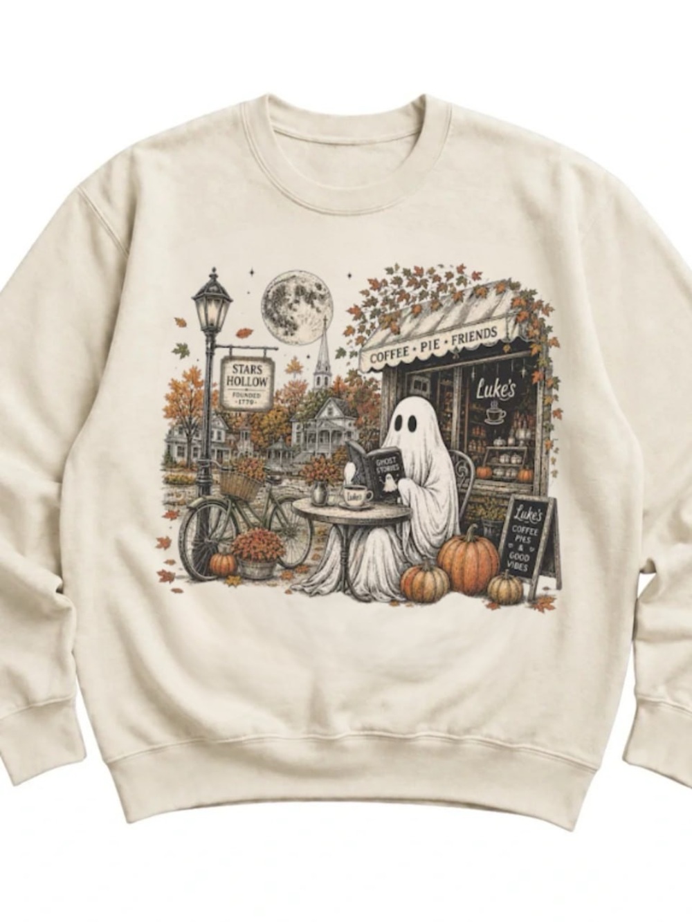 Cream Ghost Coffee & Pumpkin Graphic Sweatshirt - Women
